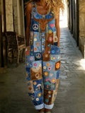 Women's Retro Floral Color-Blocked Art Print Washed Cotton Denim Patchwork Jumpsuit