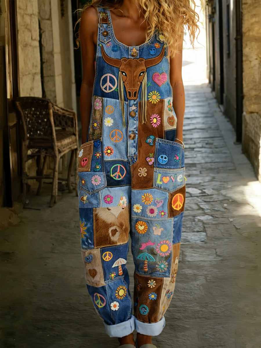 Women's Retro Floral Color-Blocked Art Print Washed Cotton Denim Patchwork Jumpsuit