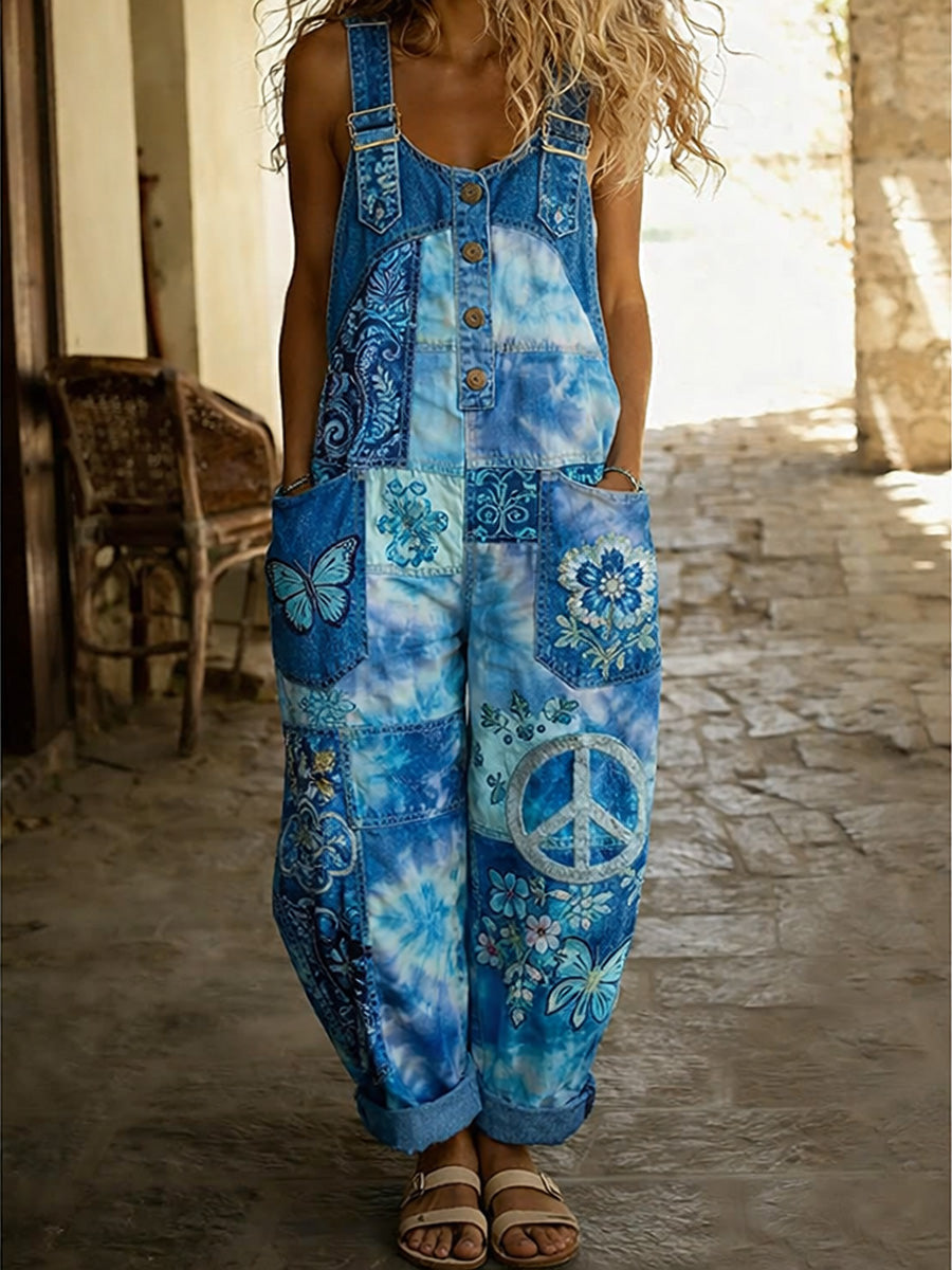 Women's Retro Style Print Washed Cotton Denim Patchwork Jumpsuit