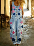 Women's Boho Color Art Print Washed Cotton Denim Patchwork Jumpsuit