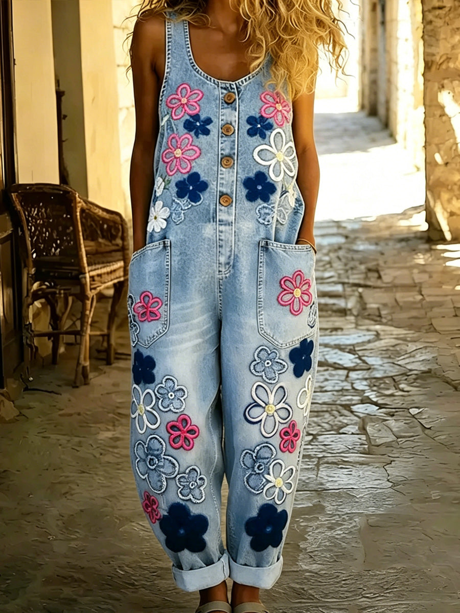 Women's Boho Color Art Print Washed Cotton Denim Patchwork Jumpsuit