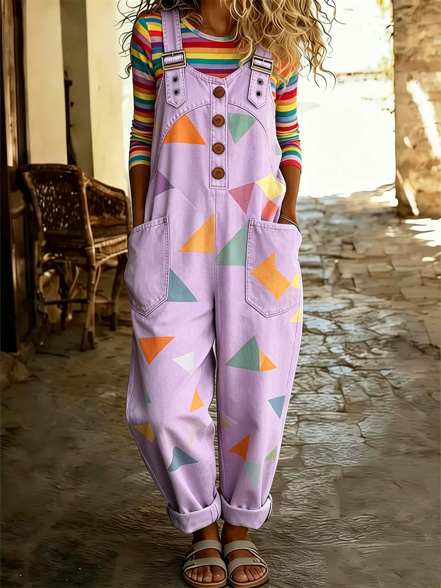 Women's Retro Pride Month Rainbow Art Print Washed Cotton Denim Patchwork Jumpsuit