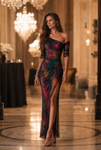 Retro Elegant Galaxy Print One-Shoulder Ruched Mesh Evening Maxi Dress