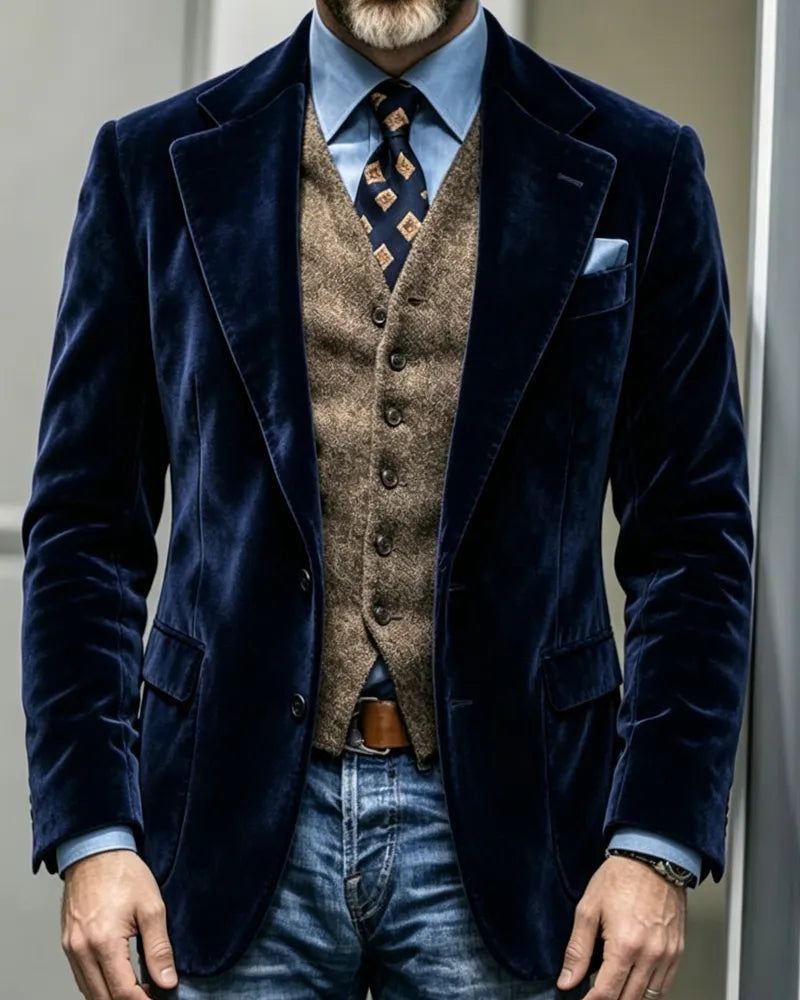 Retro Navy Velvet Single-breasted Casual Blazer