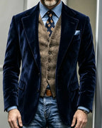 Retro Navy Velvet Single-breasted Casual Blazer