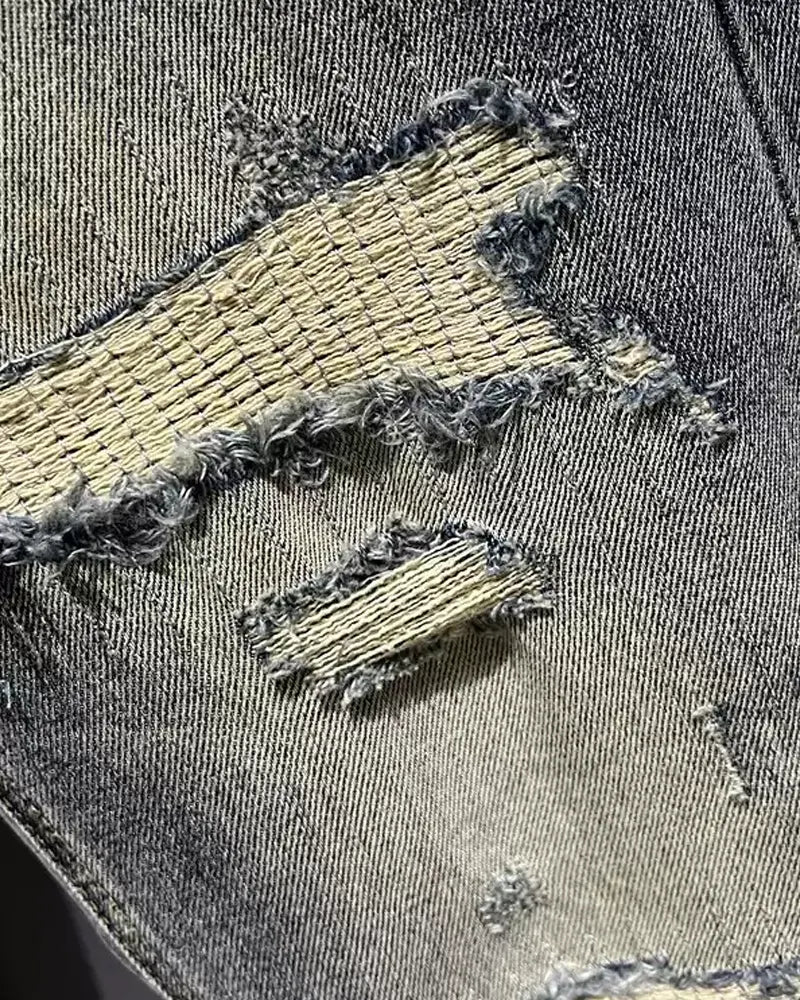Vintage Patchwork Repair Distressed Straight©\Leg Denim Pants