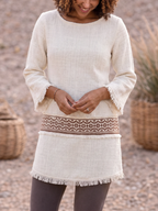 Bohemian Textured Ethnic Ribbon Raw Hem Longline Top