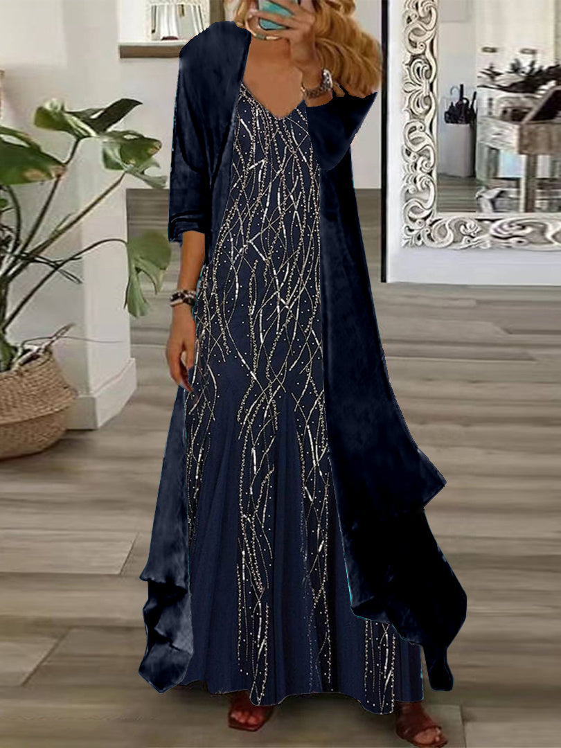 Nextmacys-Women's Long Sleeve V-neck Graphic Printed Two Pieces Maxi Dress