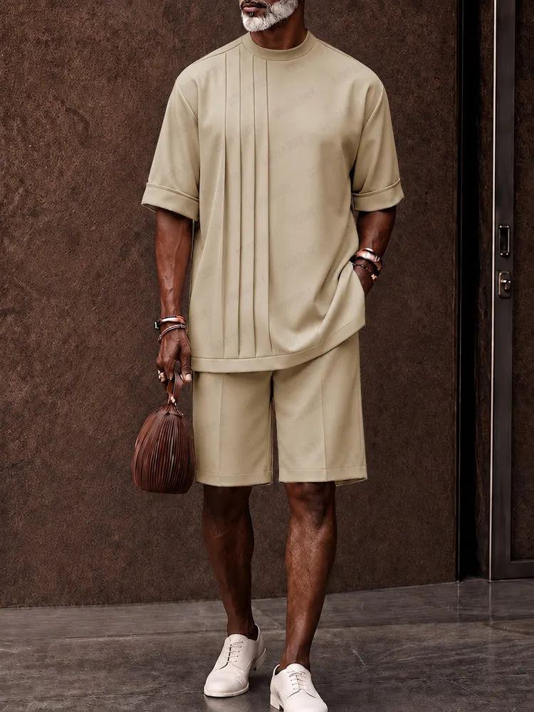 Casual Loose Pleated Front T-Shirt Shorts Set