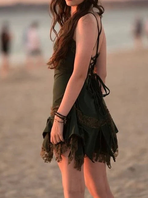 Vintage Crisscross Back V-Neck Lace Patchwork Dress