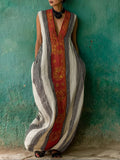 Bohemian Artistic Print Sleeveless Linen And Cotton Maxi Dress