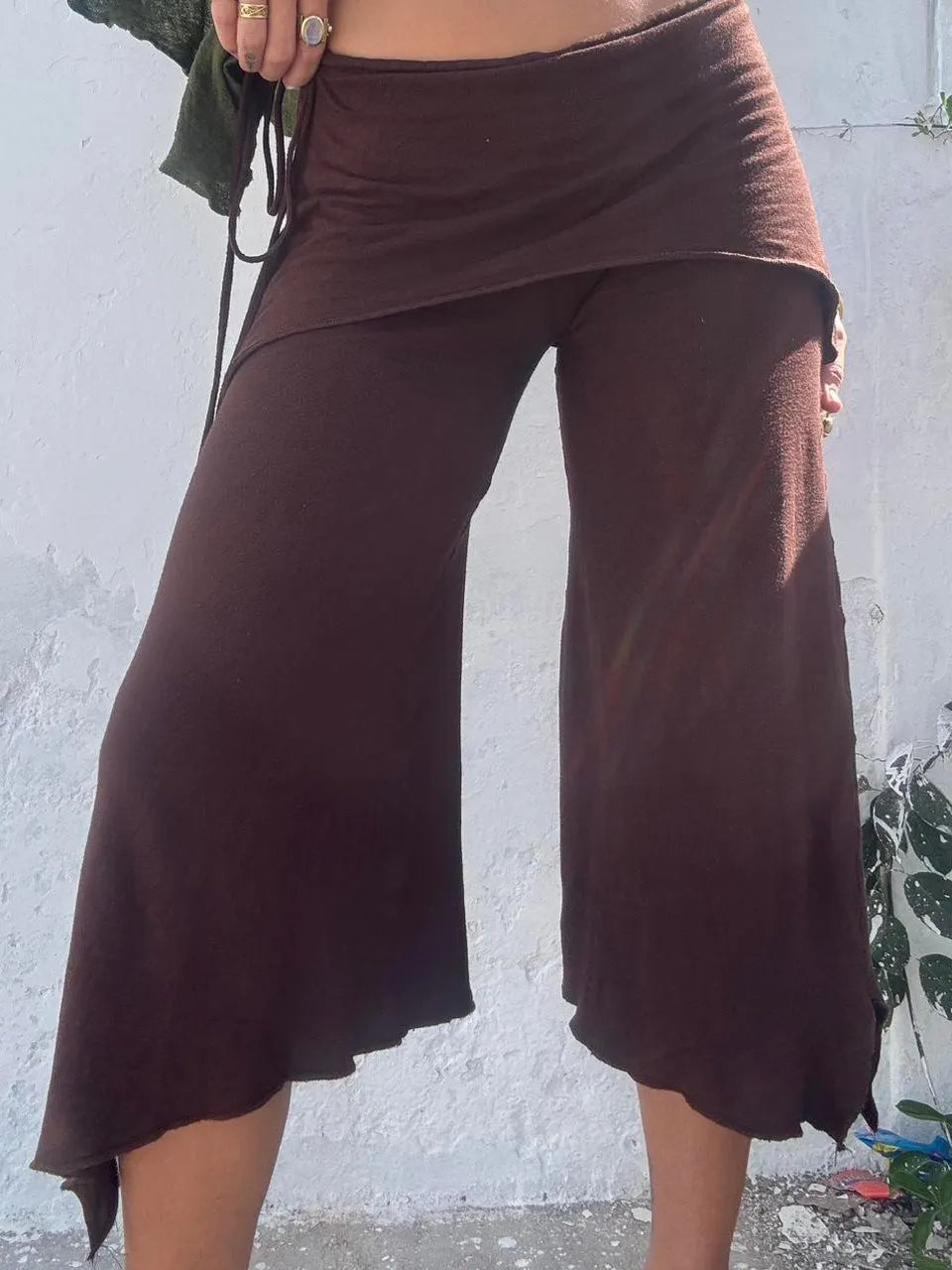 Drawstring Faux Two-Piece Asymmetric Cropped Wide Leg Pants