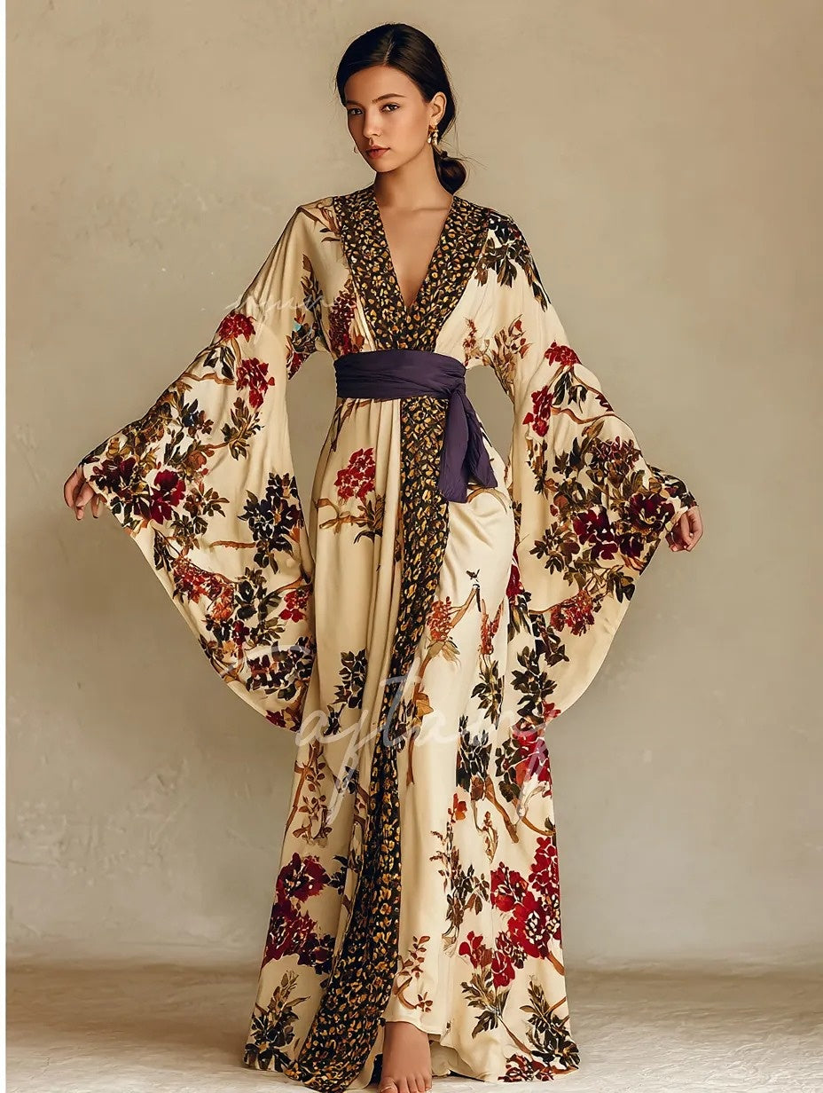 Women's Flower Kimono Linen Robe (Including Belt)