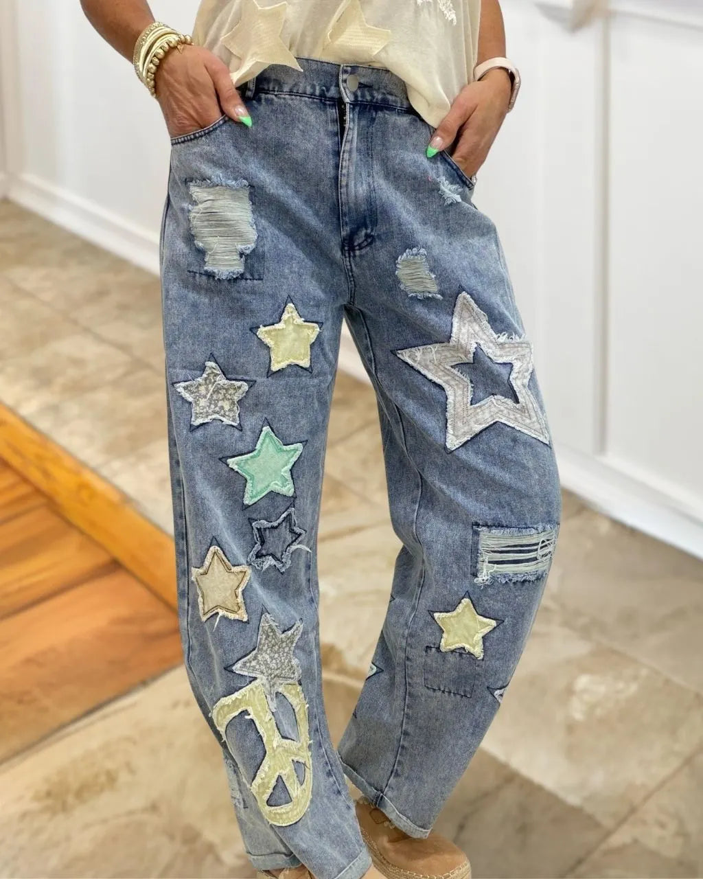 Star-embroidered Ripped Denim Pants