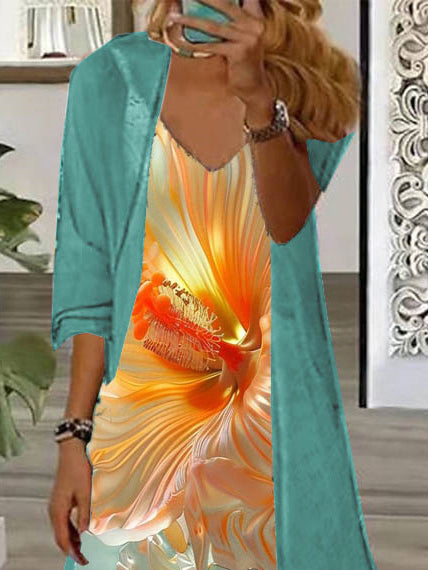 Women's Long Sleeve V-neck Floral Printed Two Pieces Maxi Dress