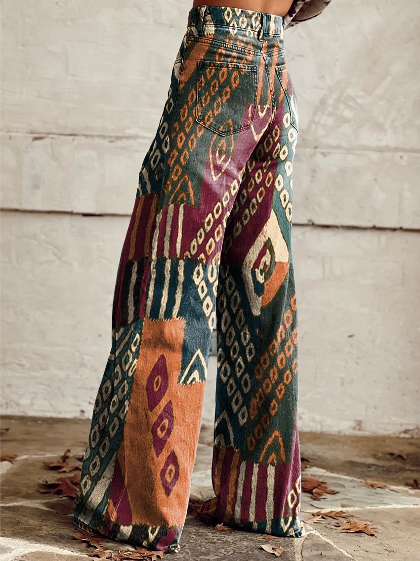 Women's Vintage Lrregular Texture Contrasting Print Casual Wide Leg Pants