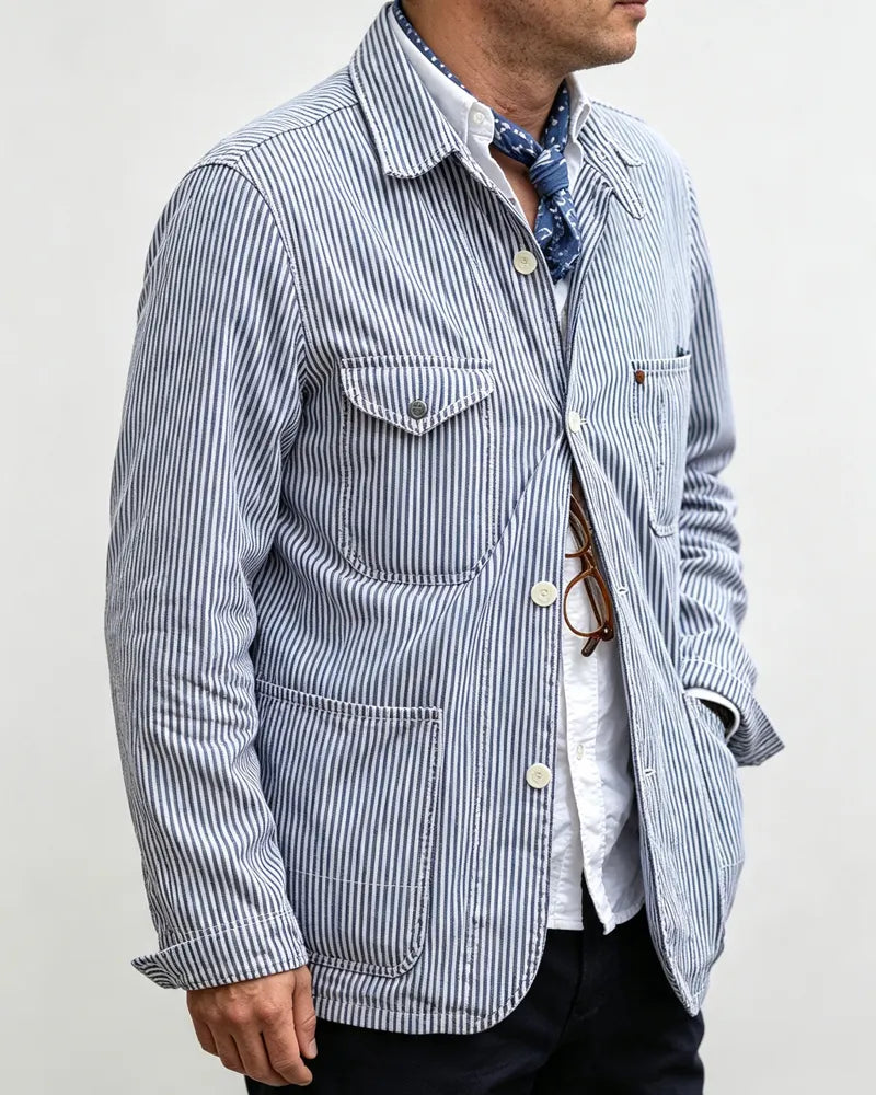 Vintage Navy White Hickory Stripe Cargo Chore Jacket