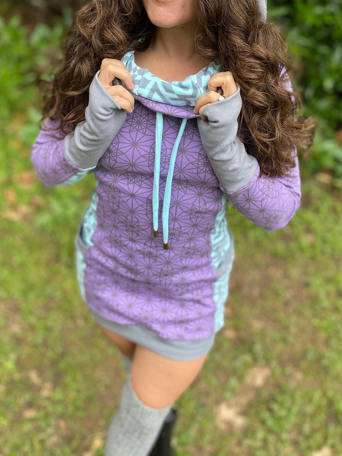 The Side Panel Portal Dress Purple Cowl Hooded Dress with Pockets