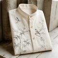 Men's Retro Bamboo & Blossom Bird Oriental Style Print Casual Stand Collar Shirt