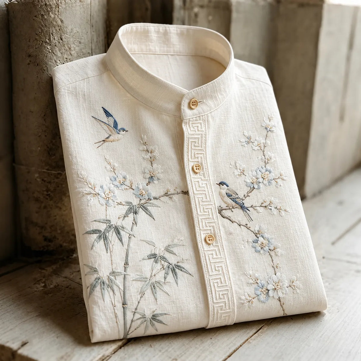 Men's Retro Bamboo & Blossom Bird Oriental Style Print Casual Stand Collar Shirt