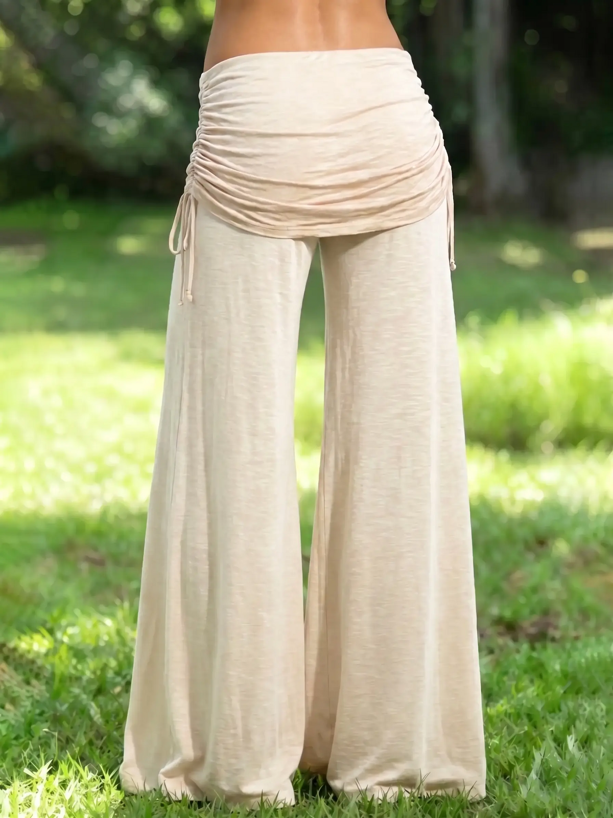 Gathered Waistband Drawstring Wide Leg Casual Pants