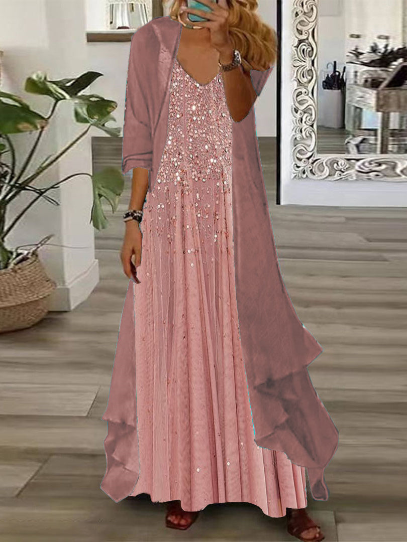 Nextmacys-Women's Long Sleeve V-neck Graphic Printed Two Pieces Maxi Dress