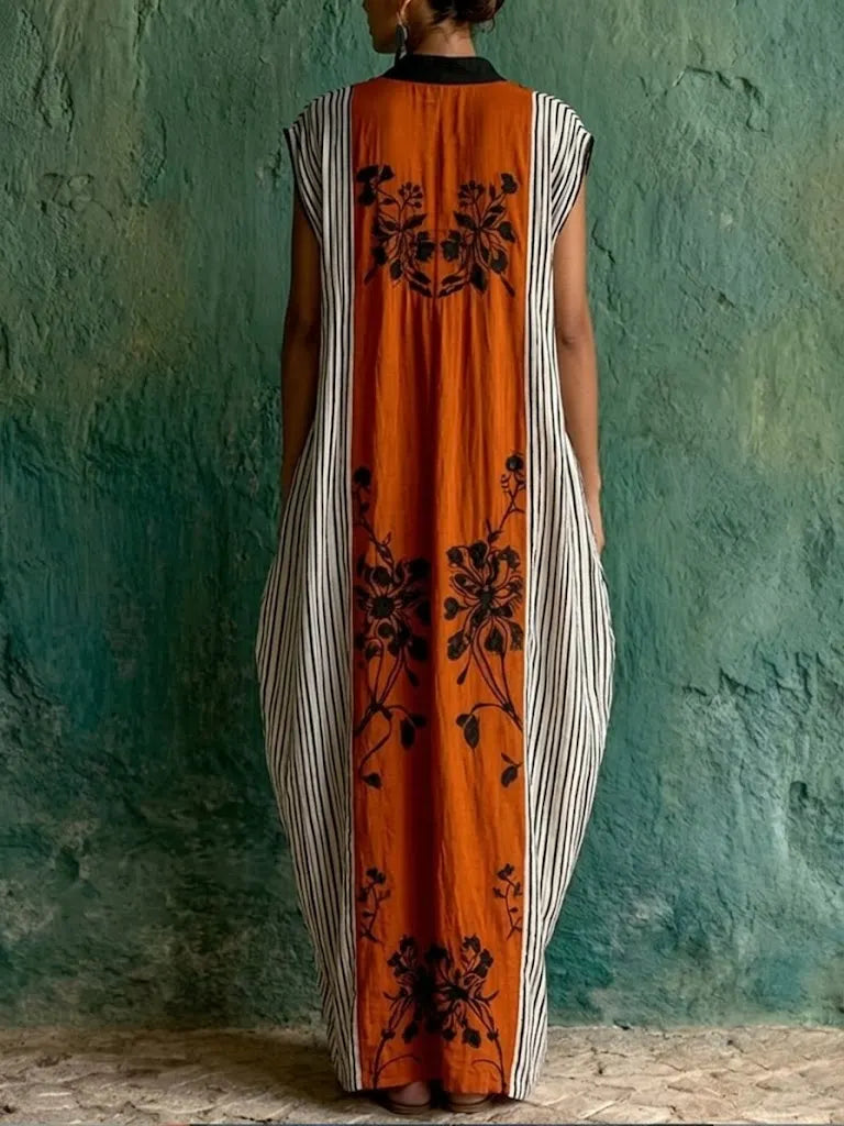 Bohemian Artistic Print Sleeveless Linen And Cotton Maxi Dress