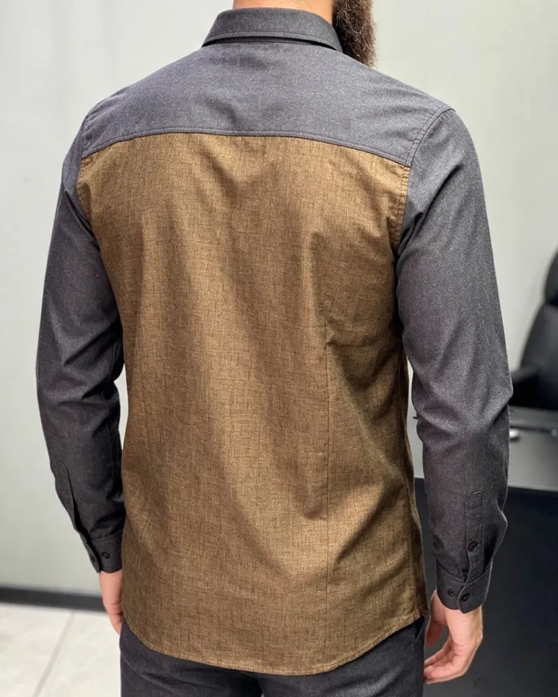 Vintage Brown Charcoal Spliced Panel Dual Chest Pocket Long Sleeve Shirt