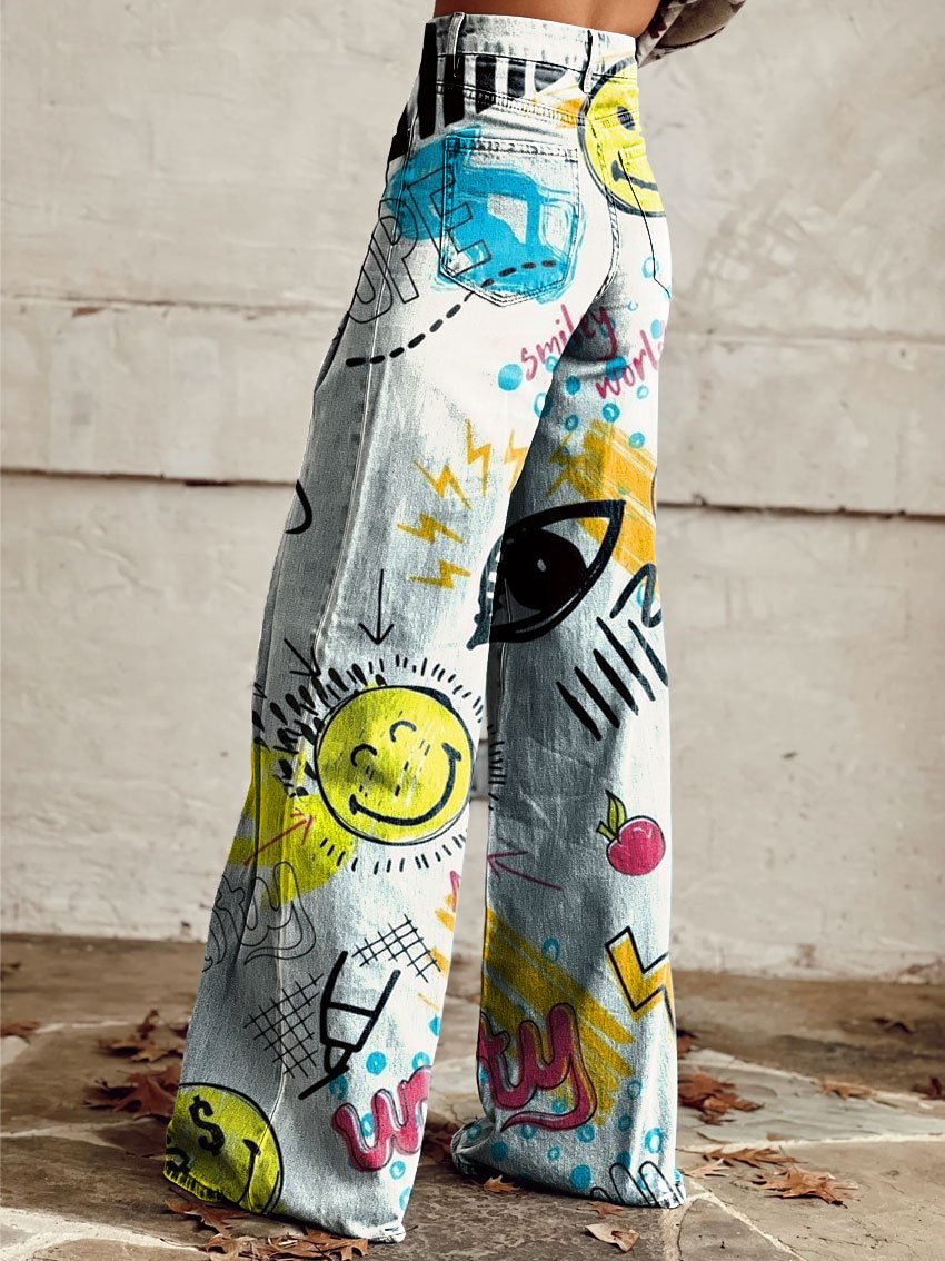 Women's Vintage Print Casual Wide Leg Pants