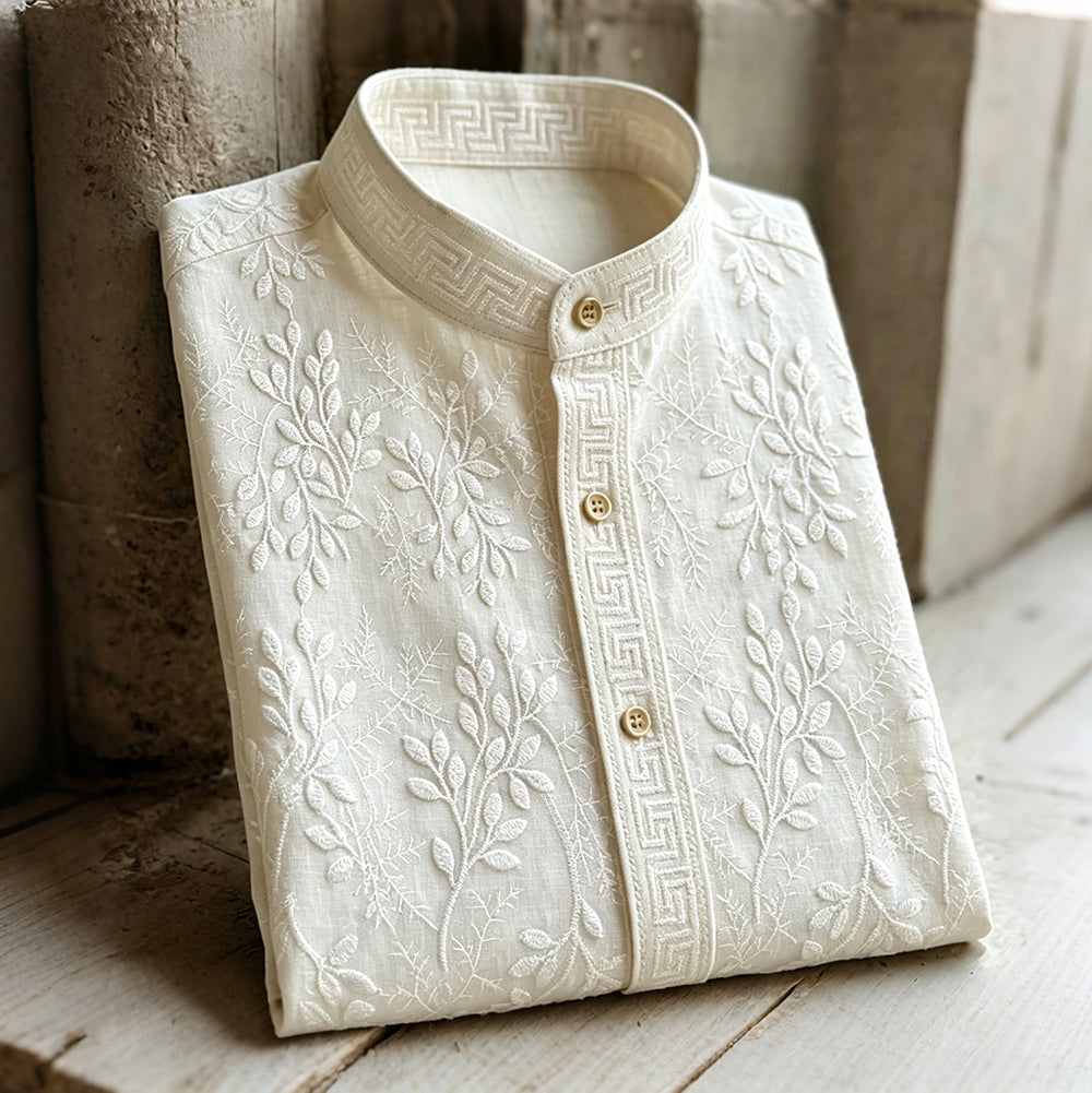 Vintage Leaves Embroidery Art Comfy Linen Shirt