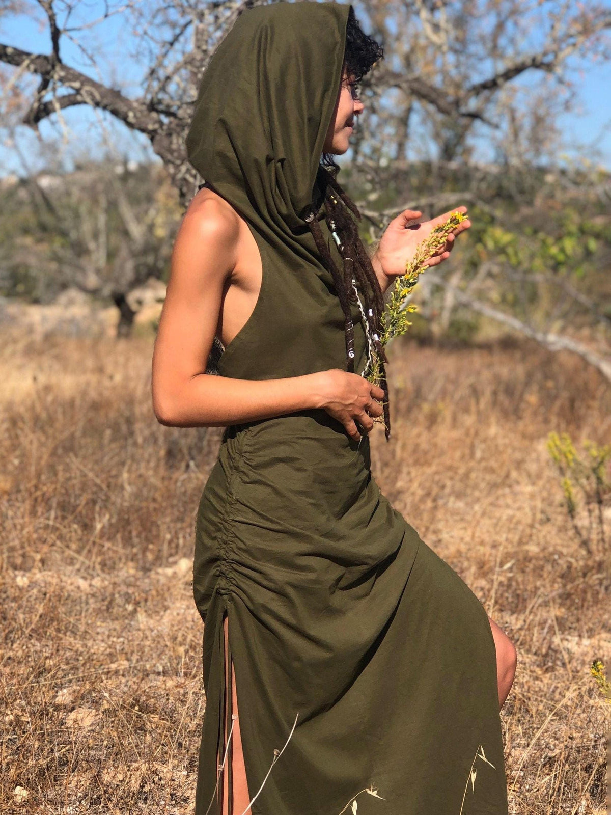 Boho Racerback Maxi Dress: Cotton Hooded Festival Dress