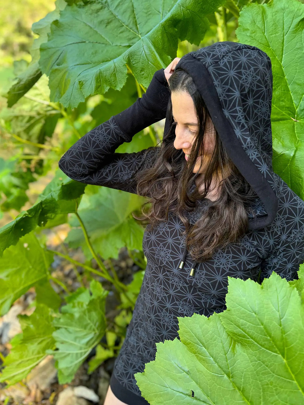 Fitted Sacred Geometry Cowl Hood Long Sleeve Mini Dress with Pockets and Thumbhole Cuffs