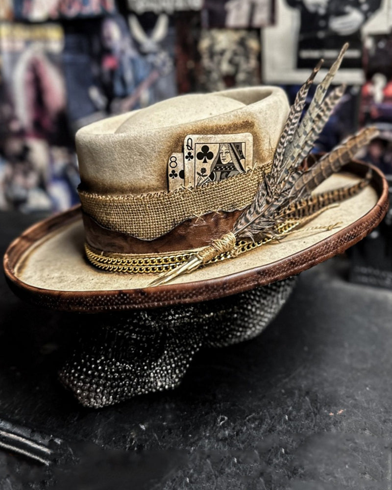 Vintage Hand©\Distressed Ornament©\Adorned Wide©\Brim Western Fedora Hat