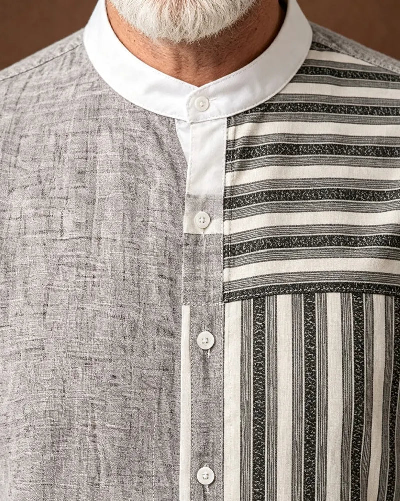 Vintage Asymmetrical Spliced Stripe Stand Collar Long Sleeve Shirt