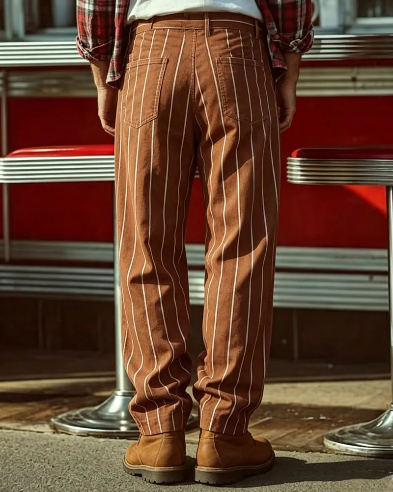 Vintage Brown Off©\White Vertical Pinstripe Wide©\Leg Trousers