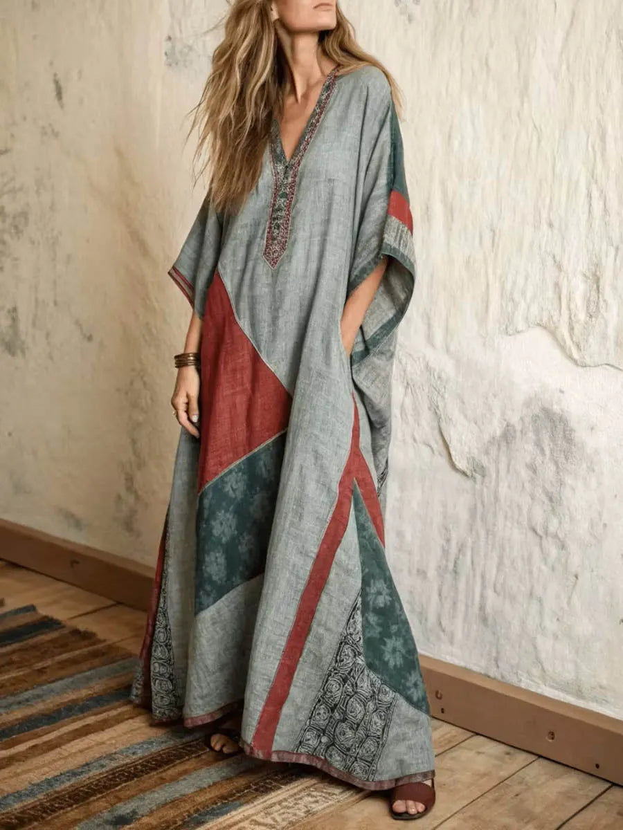 Women's Retro Geometric Print V-neck 3/4-sleeve Casual Loose Cotton-linen Dress