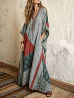 Women's Retro Geometric Print V-neck 3/4-sleeve Casual Loose Cotton-linen Dress