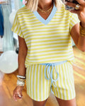 Striped Color-blocked Trim Shorts Set
