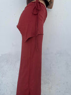 Drawstring Faux Two-Piece Asymmetric Cropped Wide Leg Pants
