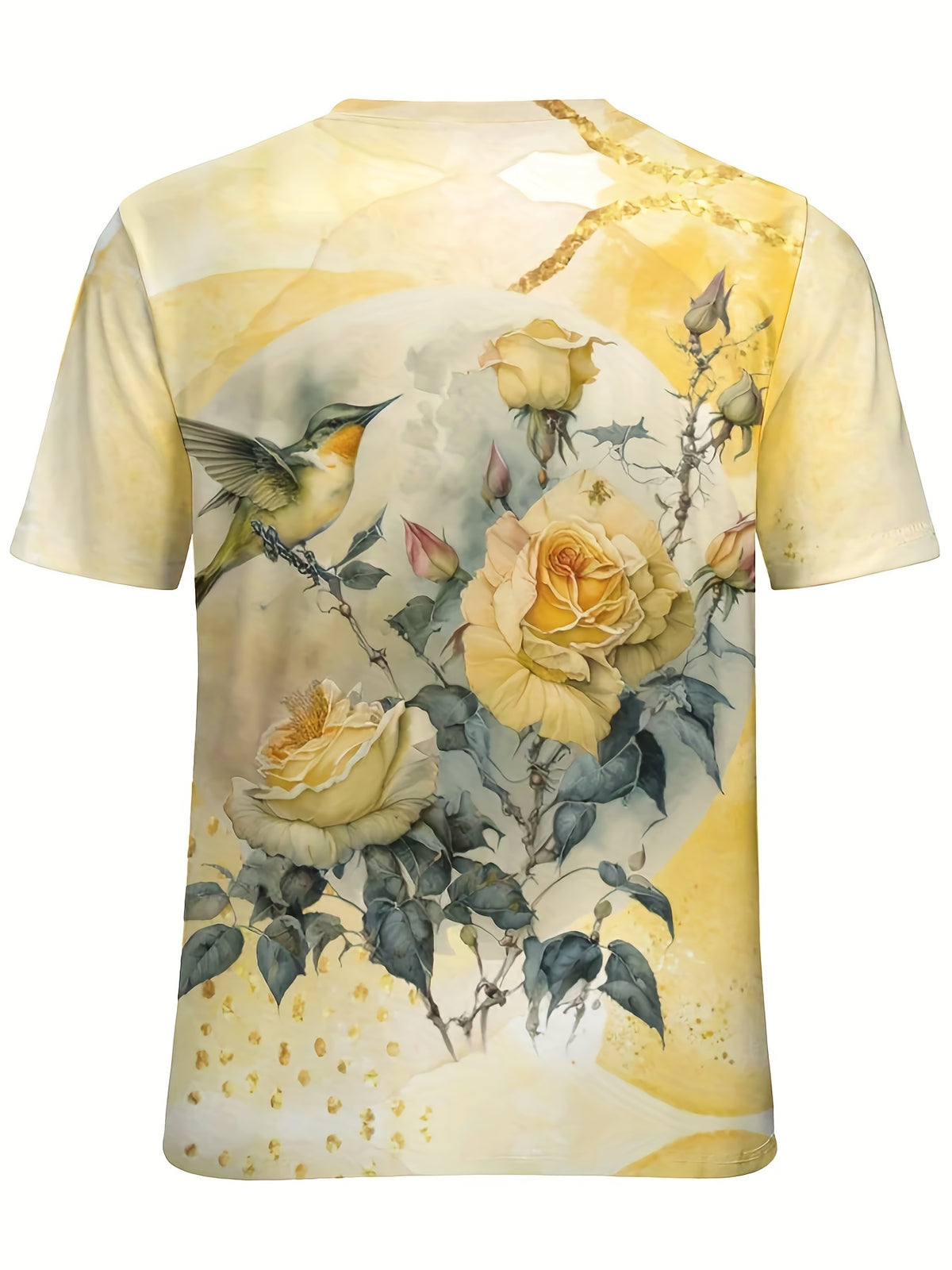 Floral & Bird Print T-shirt, Casual Short Sleeve Crew Neck Top, Women's Clothing