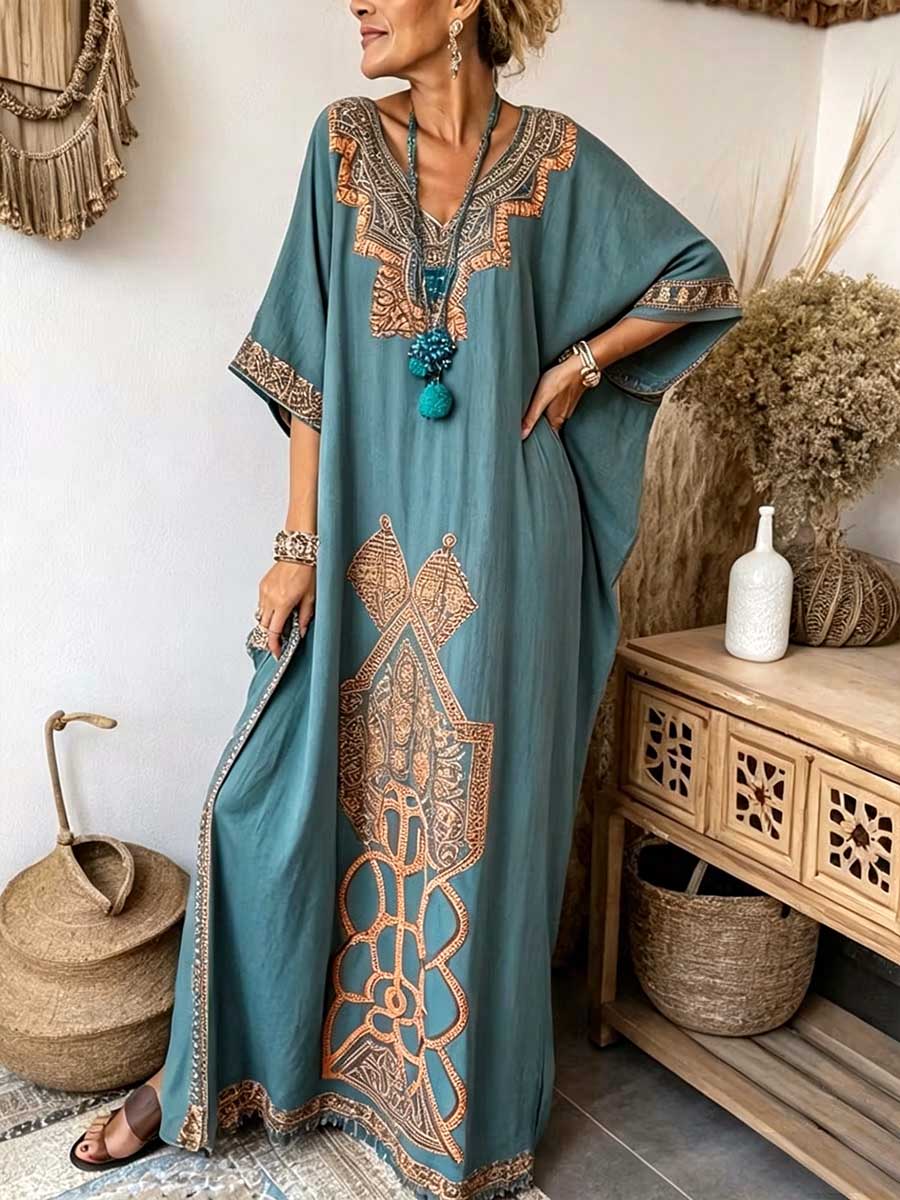Women's Casual Loose Cotton-linen Dress With Placement Print V-neck And 3/4 Sleeves