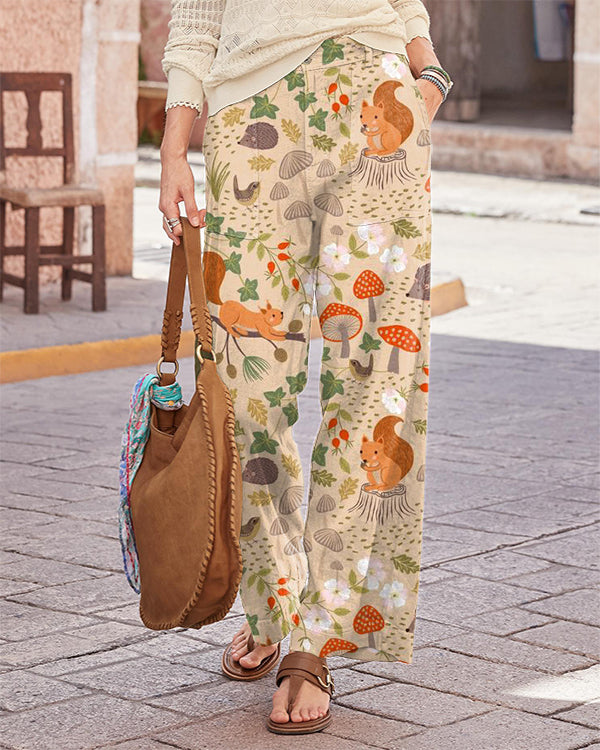 Vintage Forest Animals Floral Print Wide Leg Pants