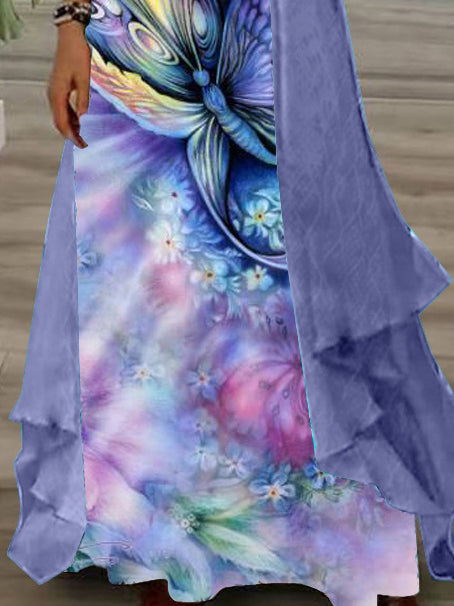 Women's Long Sleeve V-neck Graphic Printed Two Pieces Maxi Dress