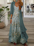 Nextmacys-Women's Long Sleeve V-neck Floral Printed Two Pieces Maxi Dress