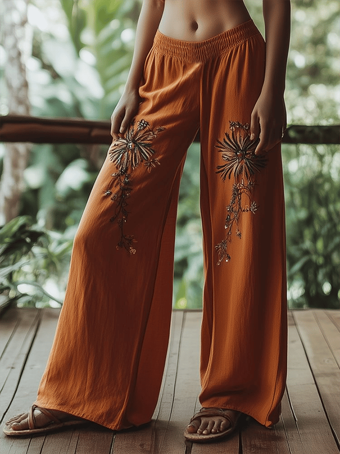 Women's Embroidered Floral Pattern Linen Blend Casual Pants