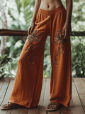Women's Embroidered Floral Pattern Linen Blend Casual Pants