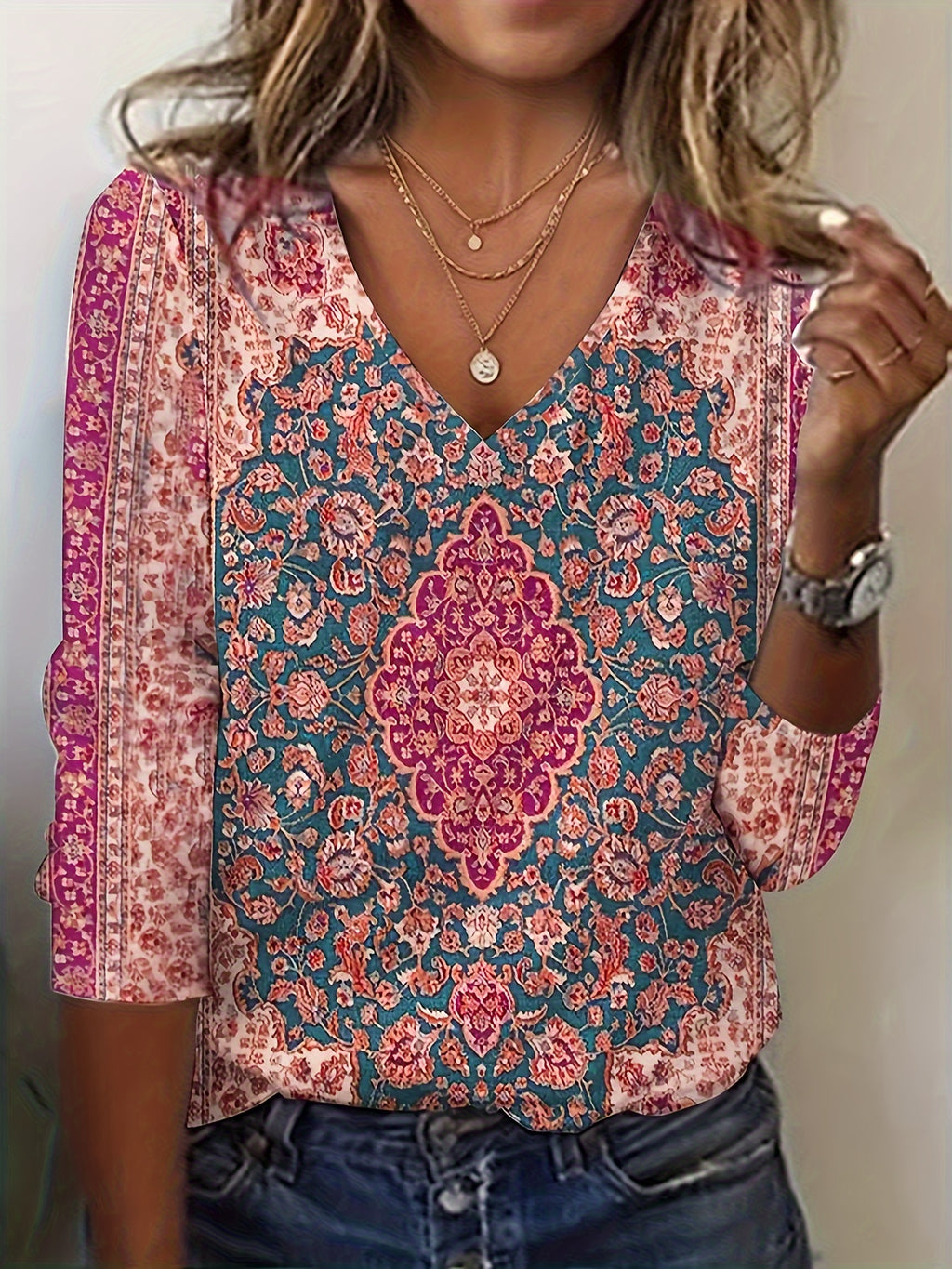 Women's Floral Print V Neck Long Sleeve T-Shirt - Casual Spring and Fall Top