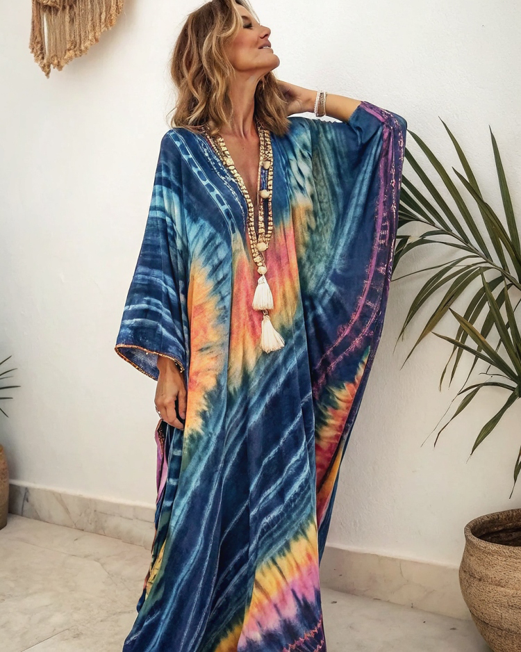 Linen Colorful Tie Dye Printed Kaftan Maxi Dress