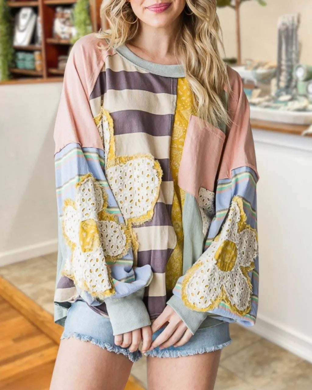 Daisy Patterned Patchwork Top
