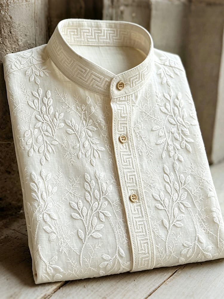 Vintage Leaves Embroidery Art Comfy Linen Shirt